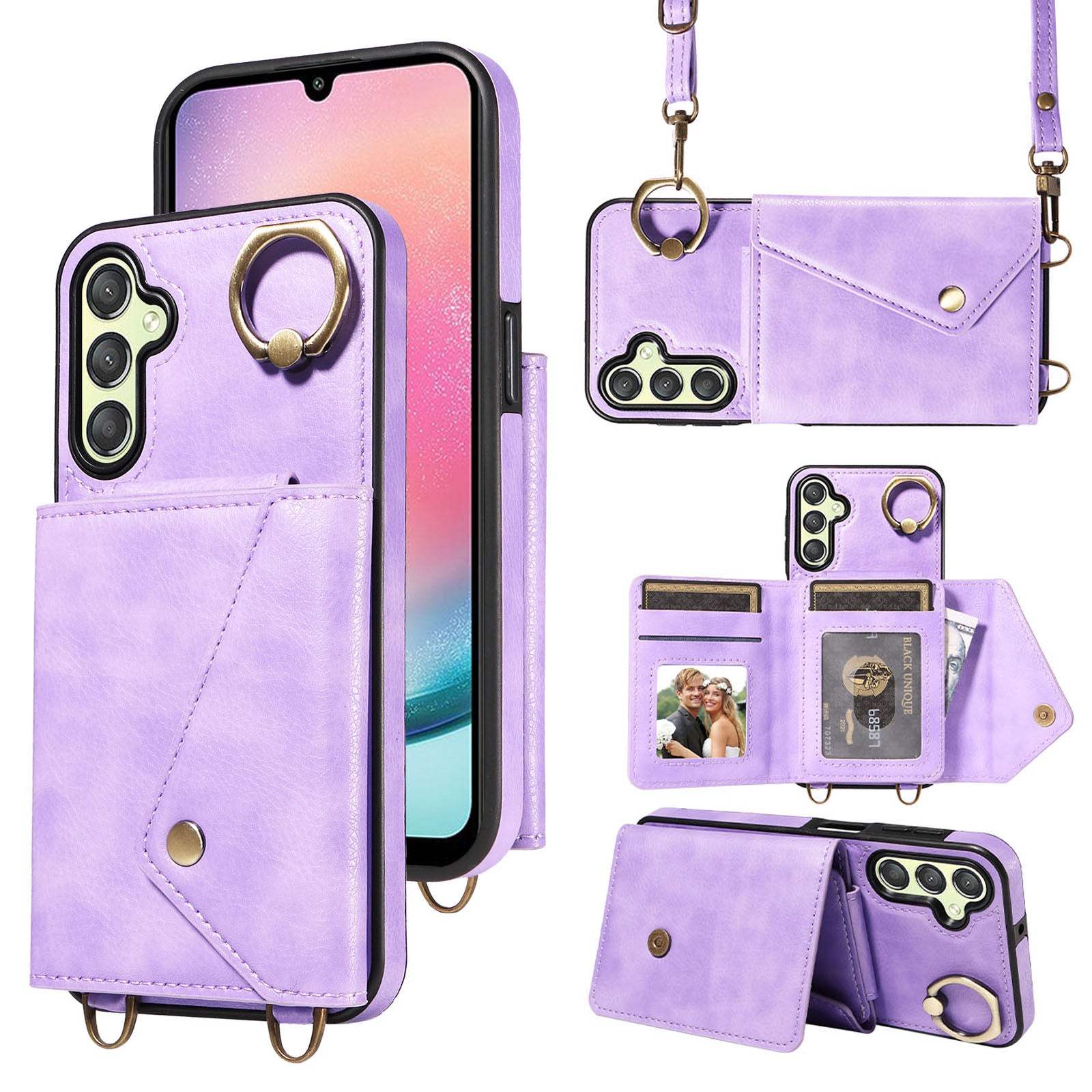 002 For Samsung Galaxy A24 4G A25 5G Card Bag Ring Kickstand Shockproof Cover Litchi Texture Leather Coated TPU Phone Case with Shoulder Strap 002 For Samsung Galaxy A24 4G A25 5G Card Bag Ring Kickstand Shockproof Cover Litchi Texture Leather Coated TPU Phone Case with Shoulder Strap
